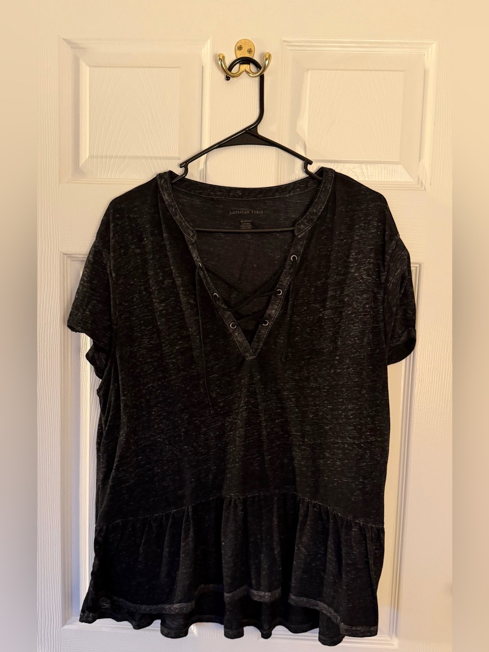 American Eagle Outfitters Black Lace-Up V-Neck Ruffle-Hem Tunic Top